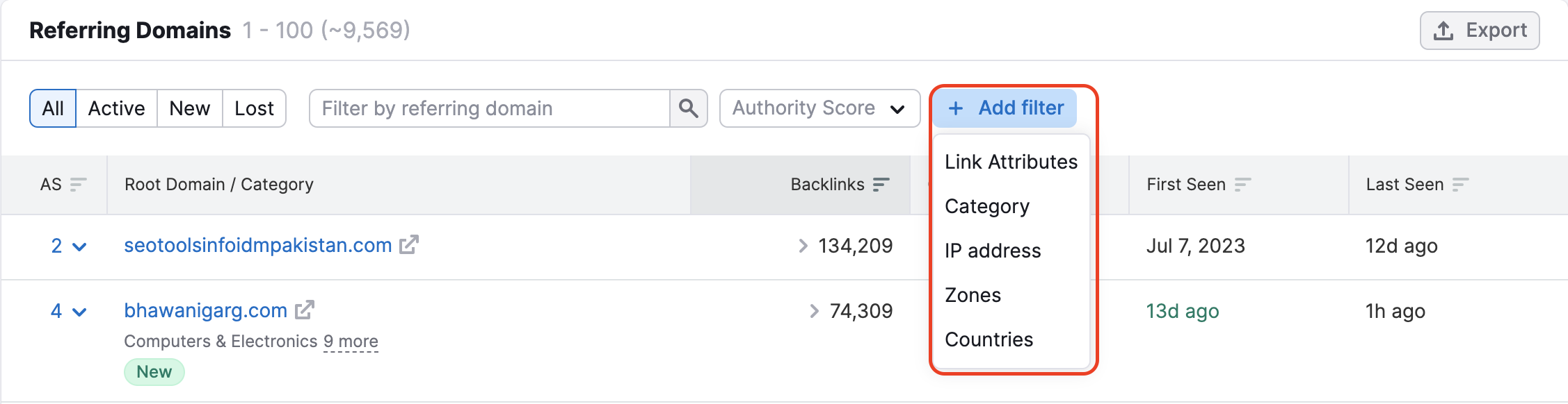 Referring Domains advanced filters