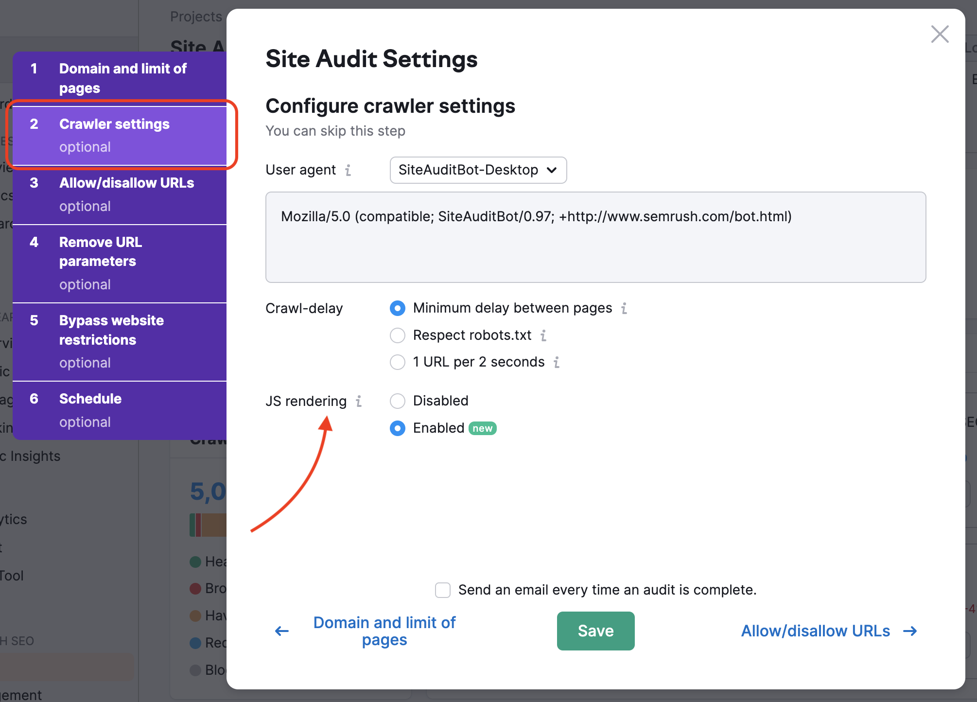 A demonstration on where to enable JavaScript rendering in Site Audit settings. Highlights show the correct tab and settings section.