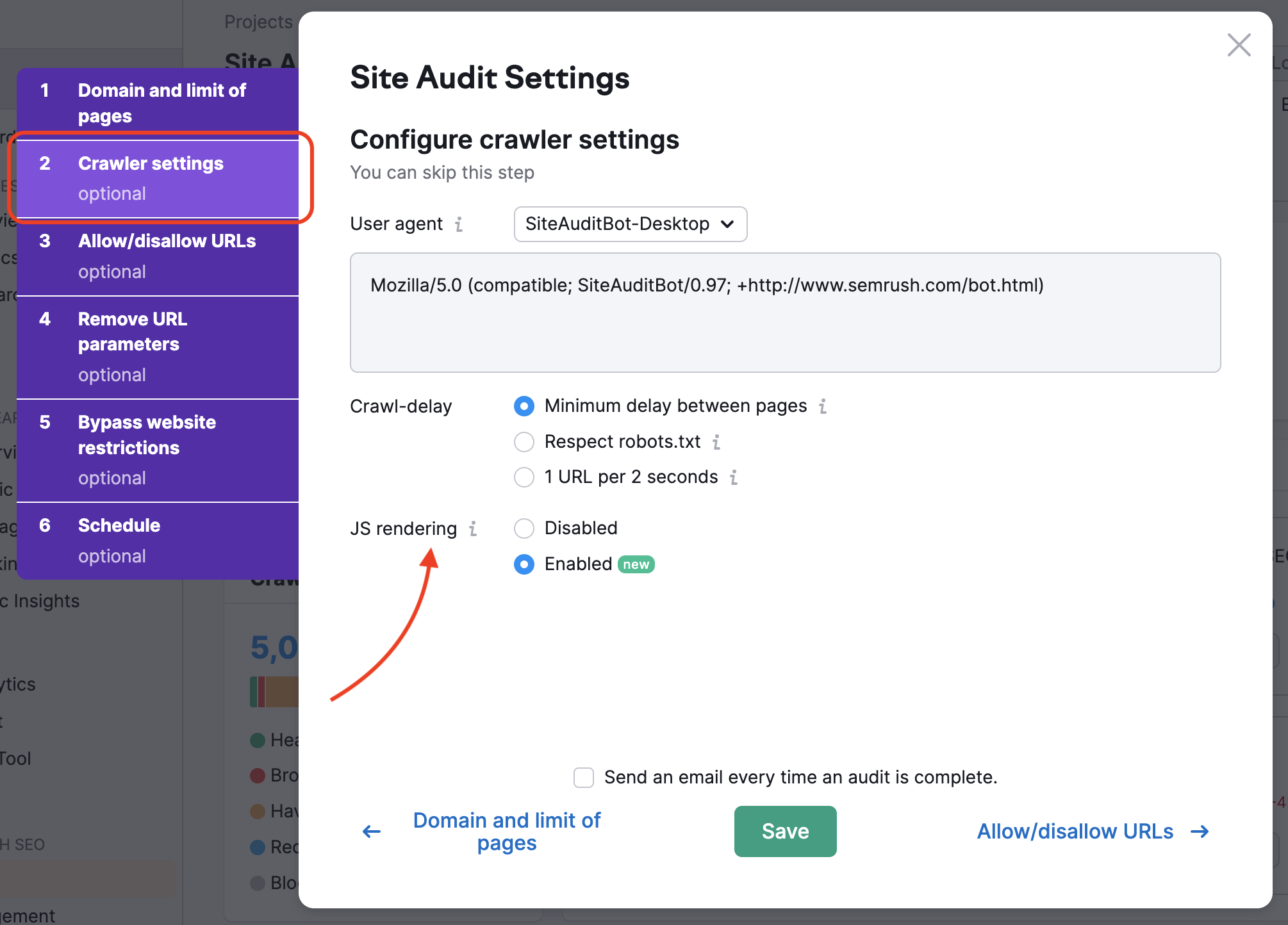 Una demostración sobre dónde activar el renderizado de JavaScript en los ajustes de Auditoría del Sitio. Los elementos resaltados muestran la pestaña y la sección de ajustes correctas.