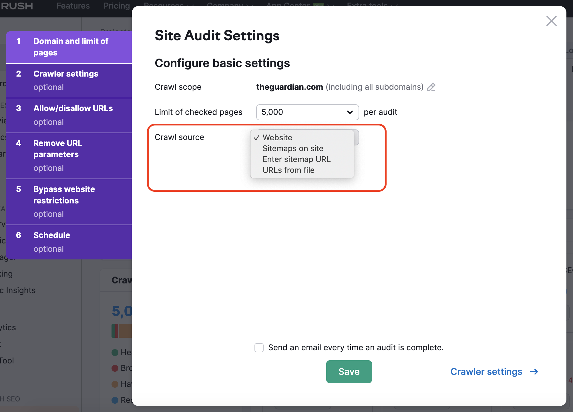 Demonstration on where to find the Crawl Source settings in Site Audit. The dropdown menu is highlighted and features all available Crawl source options.