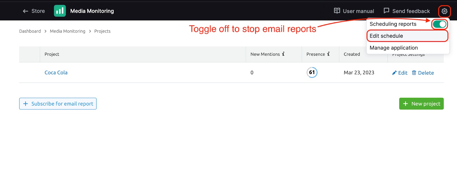 The cog icon that allows users to stop email reports and change the schedule is highlighted with red colour in the top-right corner of the interface. 