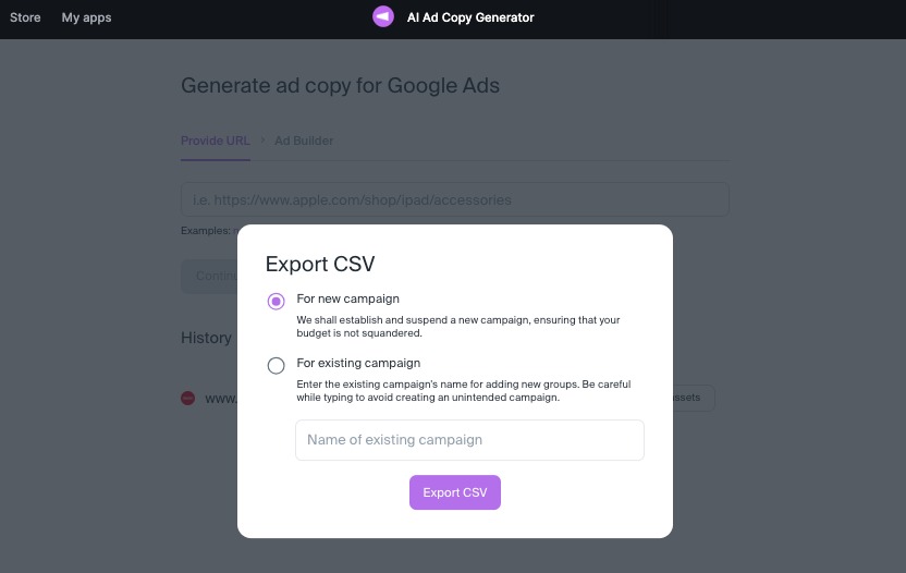 Select the option for a new or existing campaign and hit the purple “Export CSV” button at the bottom of the export pop-up window. 