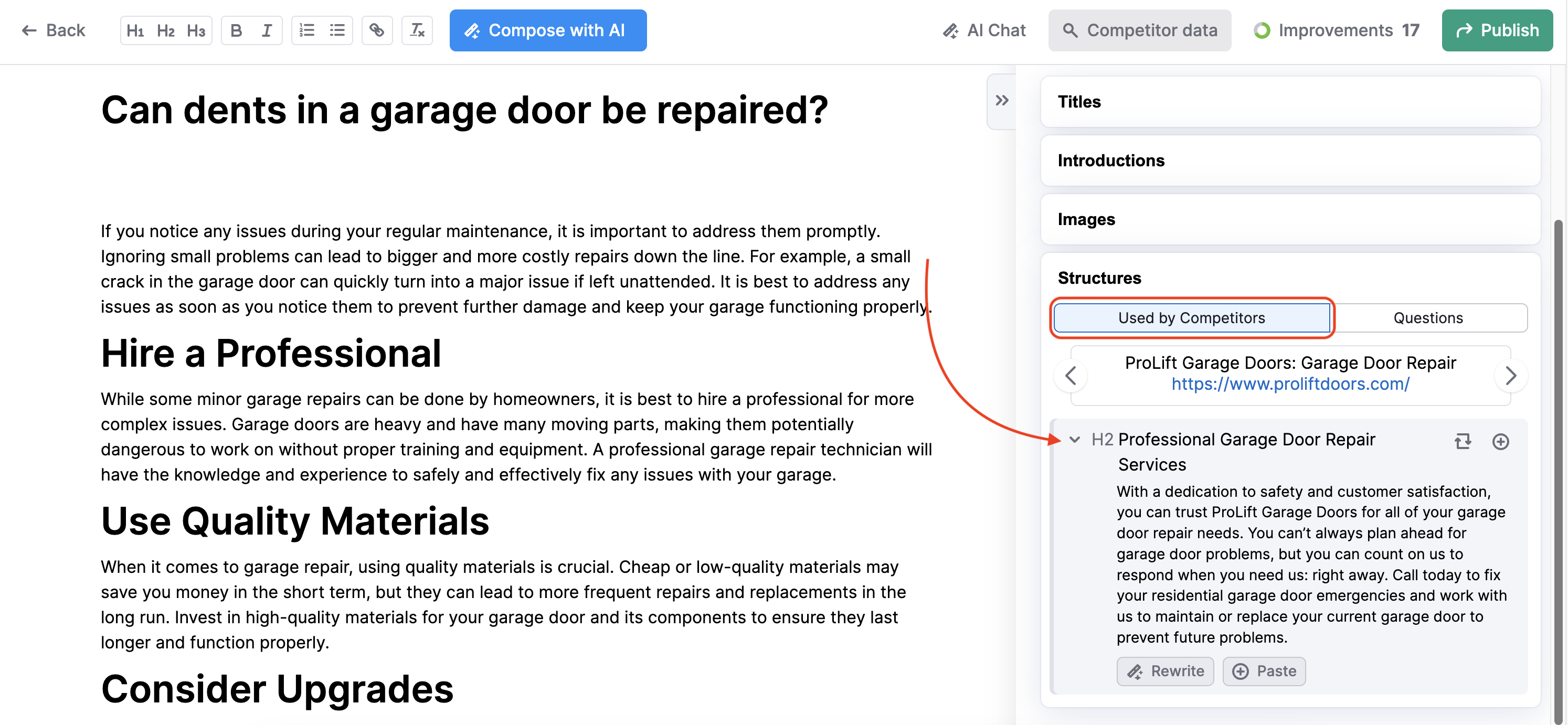 Click "Used by competitors" – Structure and click the grey arrow to open the content your competitors use under the subheading. 