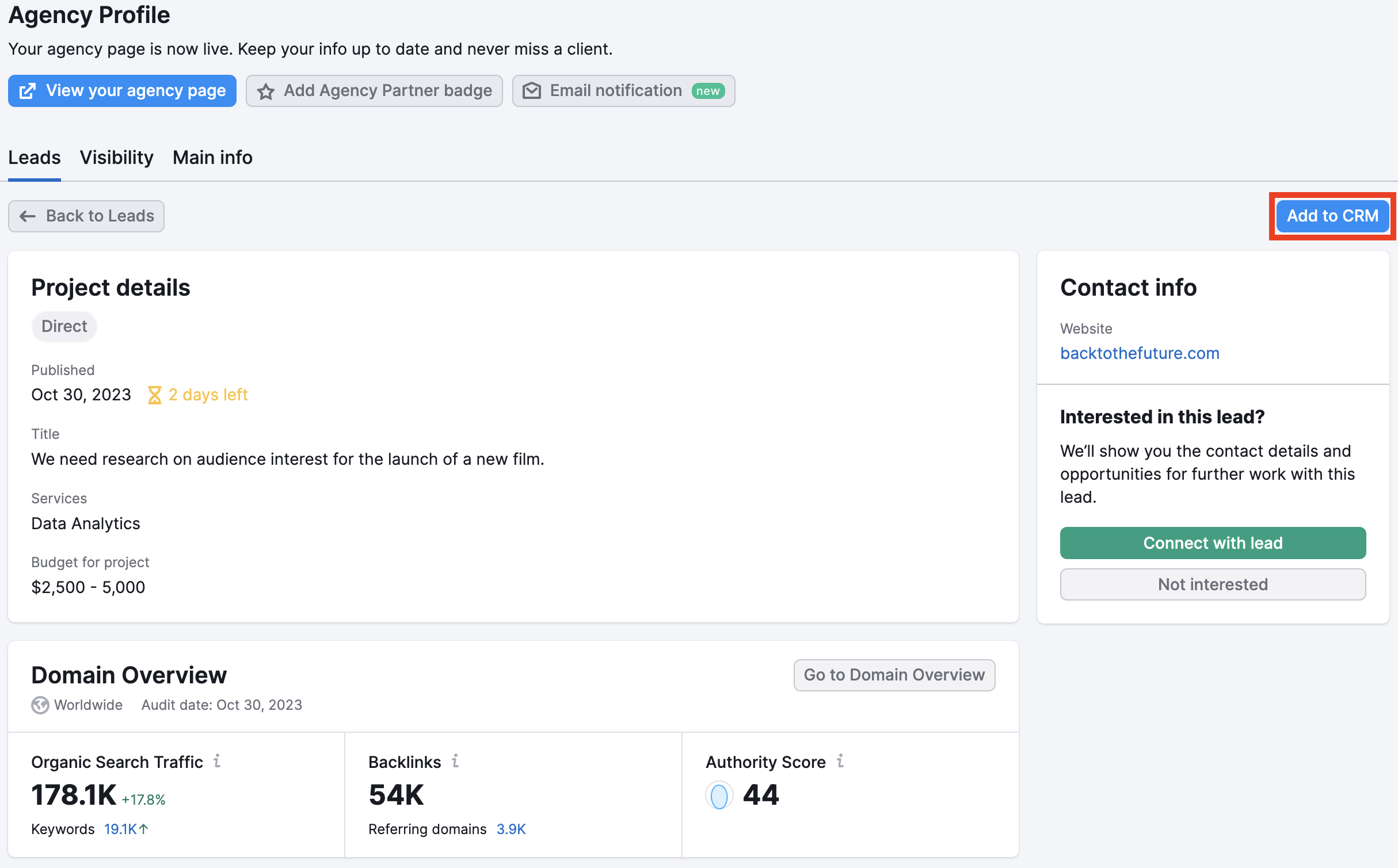 Highlighting the button to add the lead to CRM. 