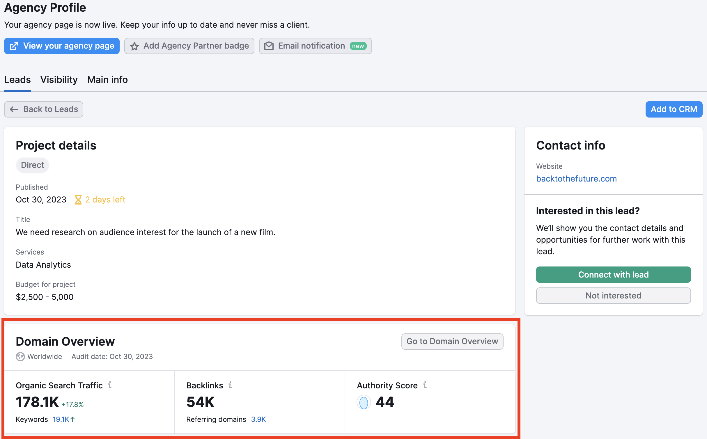Highlighting the Domain Overview widget. 