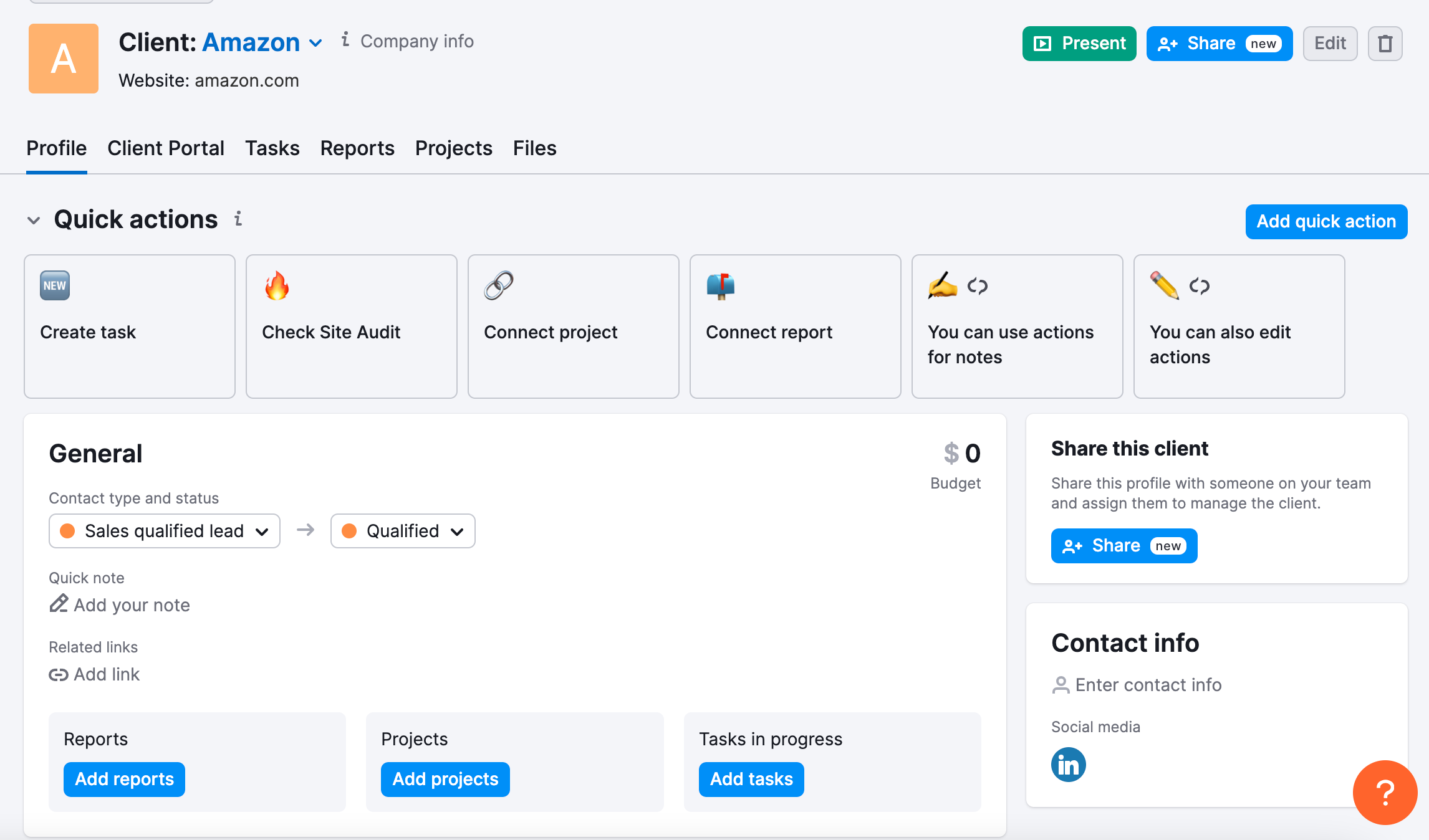 Customer profile within the CRM tool. Here there is general information such as contact type and status, number of reports and projects, client budget and contact information.