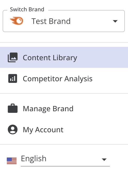 The expanded navigation menu, showing the currently active brand, Content Library, Competitor Analysis, Manage Brand, and My Account links.