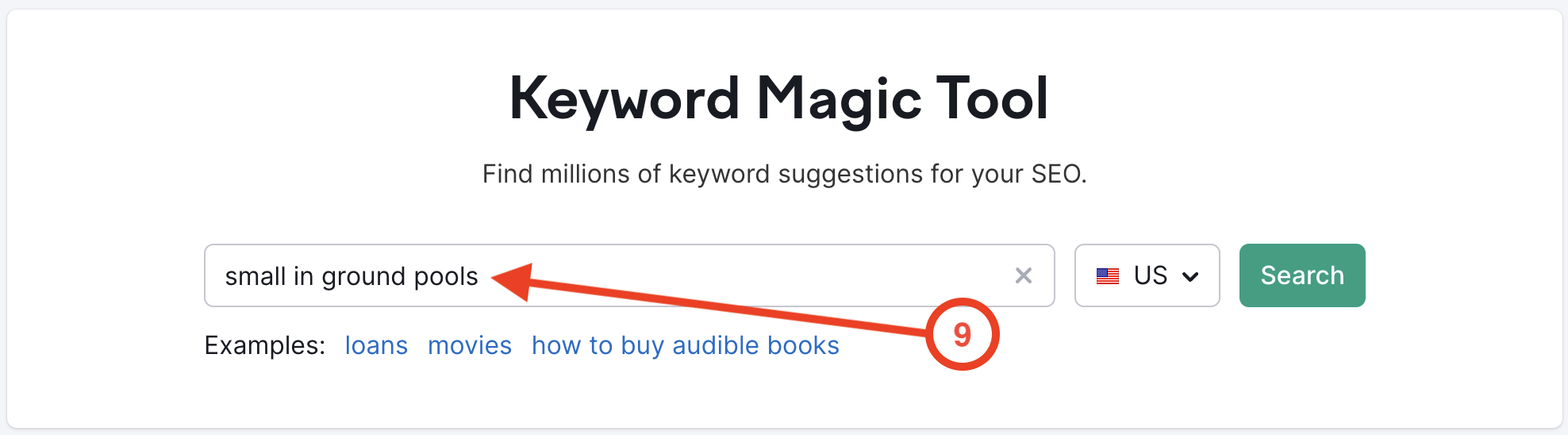 An arrow highlights the search bar where to enter your target keyword. 