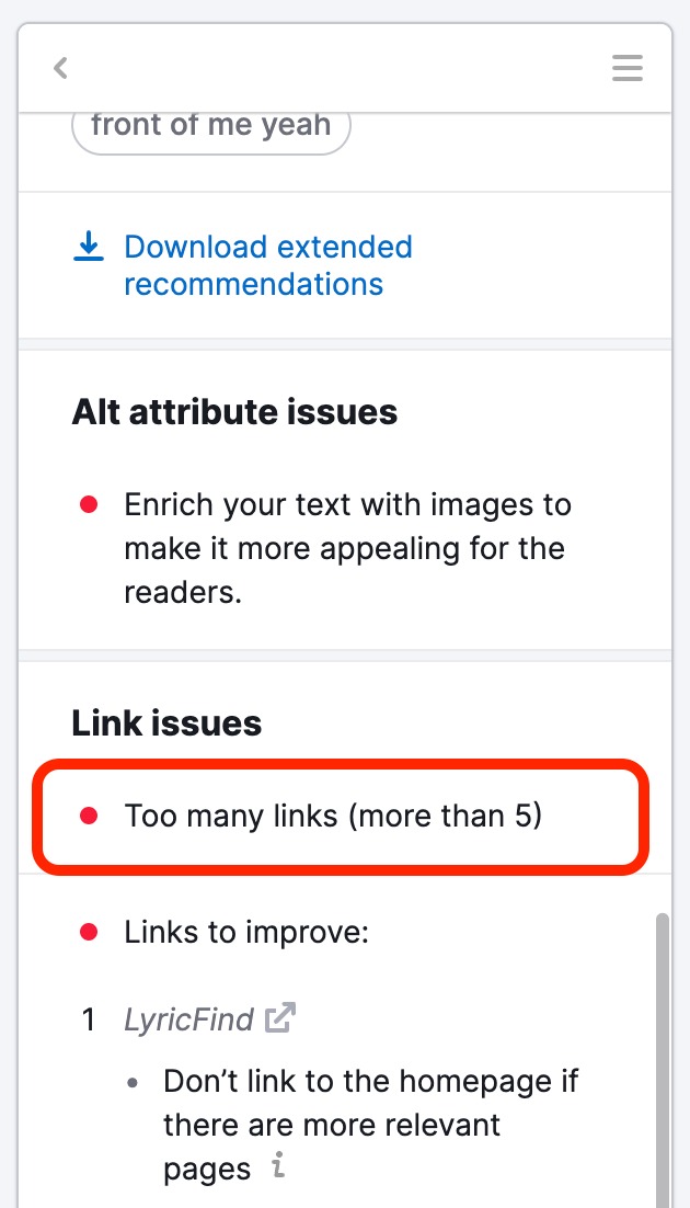 SEO Writing Assistant showing link issues: Too many links (more than 5). 