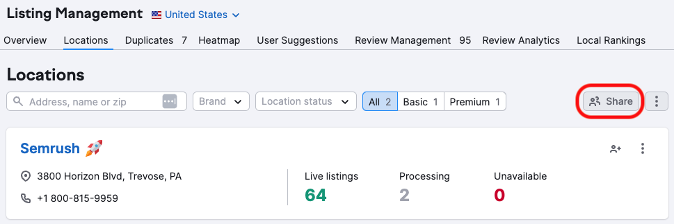 The locations tab in Listing Management. In the top right corner of the Locations interface, click the 'Share' button to add users to one or more listings.