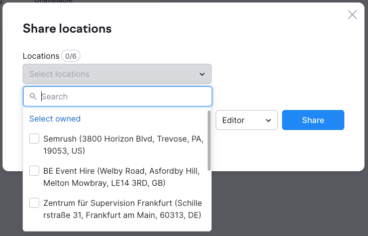 At the top of the Share Locations window, the 'select location' dropdown enables you to choose which locations you want to share.