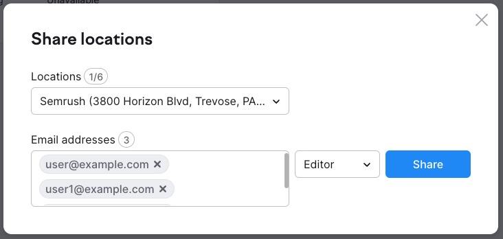 In the email addresses field, enter the email address of each user you want to grant editing or viewing permissions for the specified locations. Then, use the drop down menu directly its the right to assign a role.