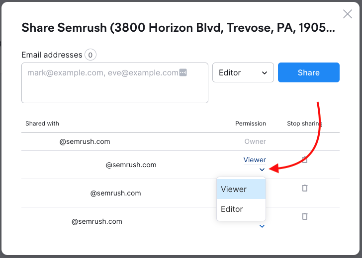 The second column of the 'shared with' list shows each user's permission. To change their permissions, click their role and use the drop down to select a new one.