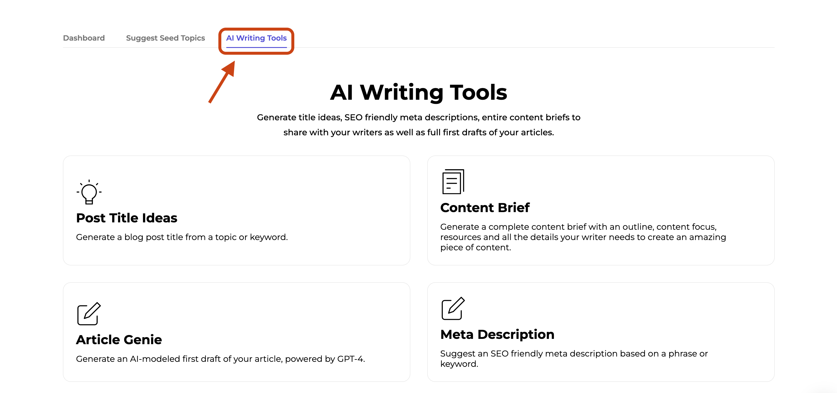 AI Writing Tools tab interface, with a red arrow pointing to where the tab is located.