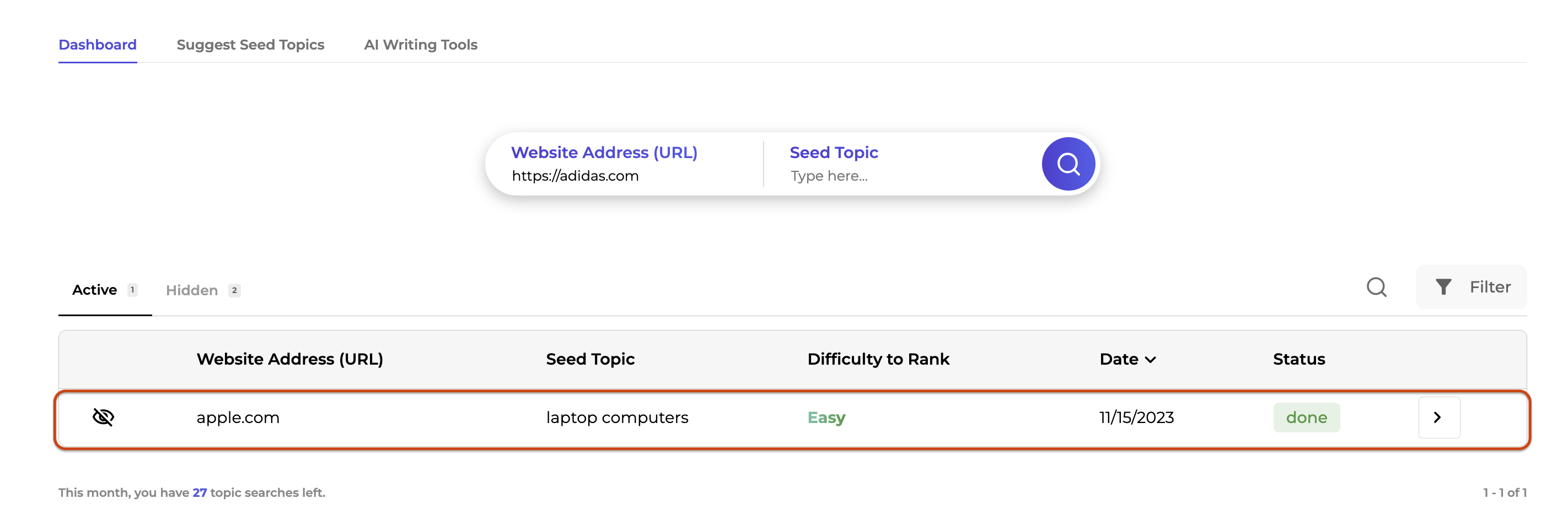 An example of the previously run analysis and its current status in the SERP Gap Analyzer.