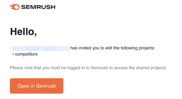 The invitation email received by invited users. It says, 'Hello, email address has invited you to edit the following projects: project name. Please note that you must be logged in to Semrush to access the shared projects.' This is followed by an orange button labeled 'Open in Semrush'.