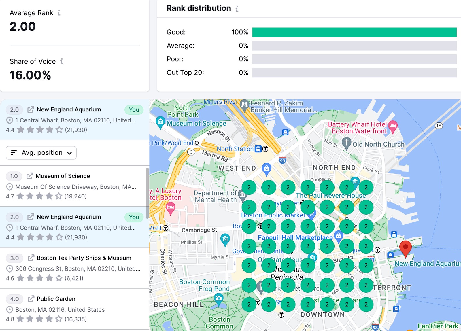 The scan will show you the Average Rank, Share of Voice, and Rank Distribution for your selected keywords.