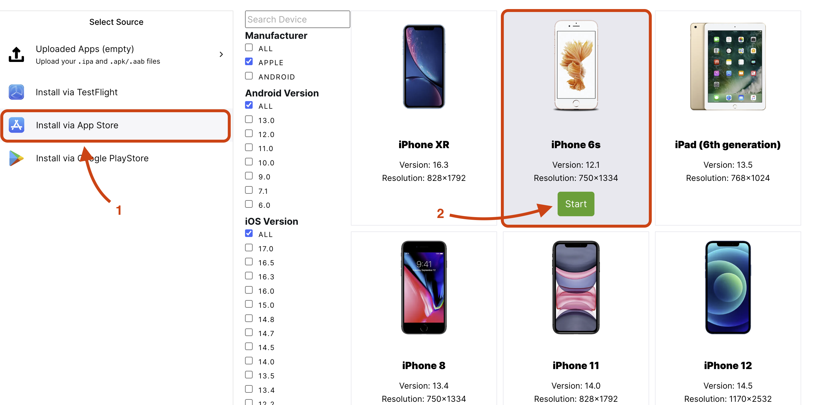 How to choose a device to install it via the App Store in Mobile App Tester.