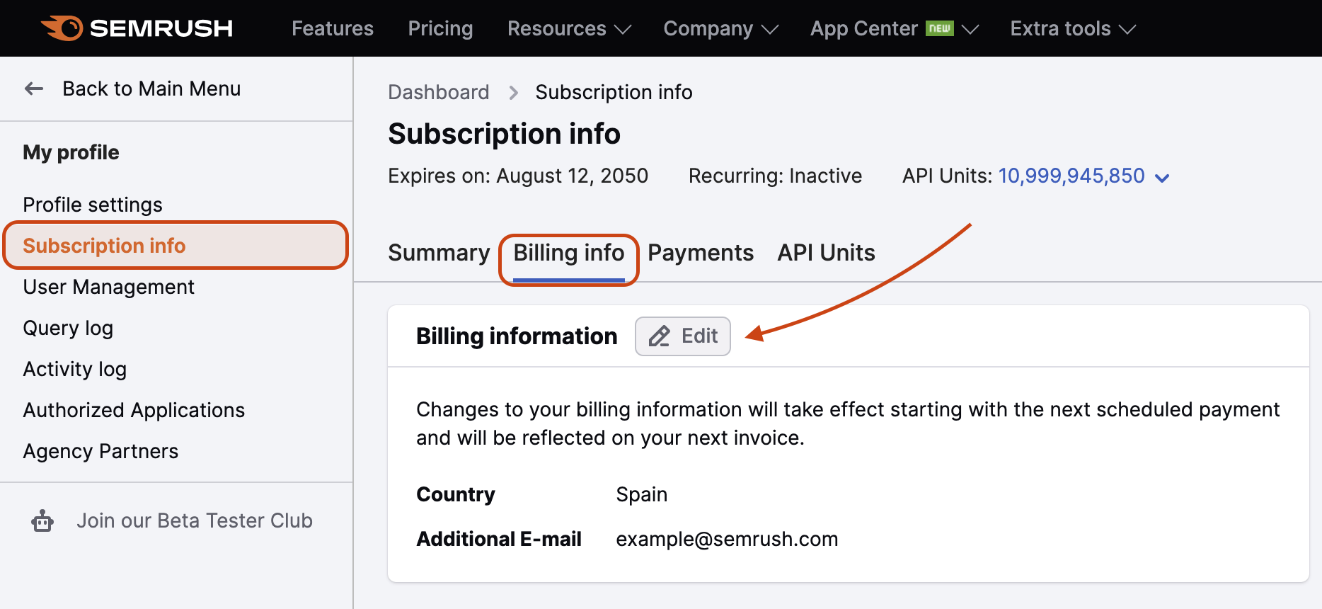 An example of the Subscription Info with Billing Info tab open.