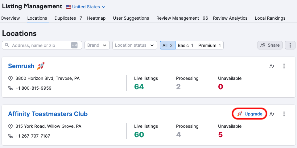Listing Management Locations tab highlighting the upgrade button.