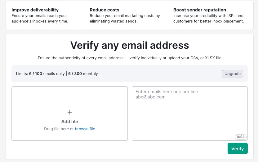 The user interface has two boxes for uploading a file or entering email addresses line by line. There is a green “Verify” button at the bottom of the page. 