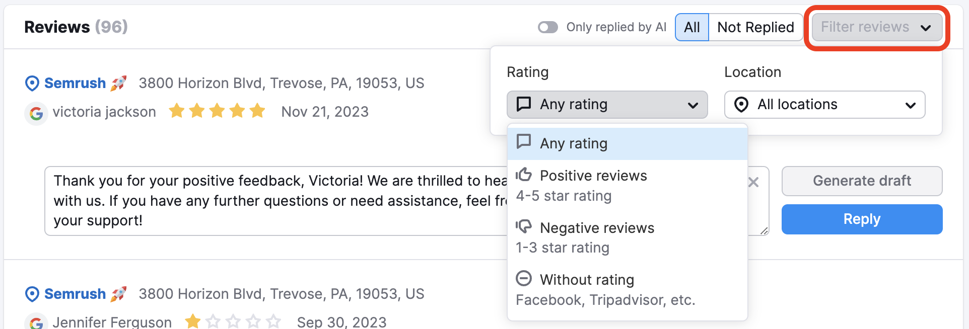The Reviews table highlighting the available filters. 