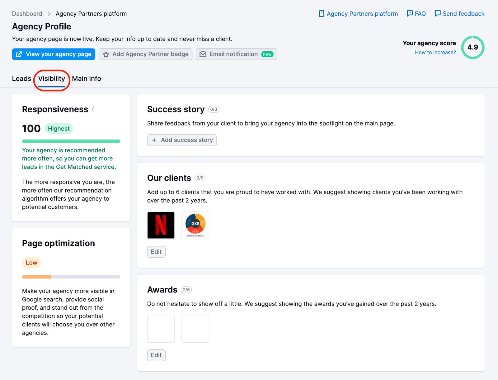 An example of Visibility report from an Agency Profile.