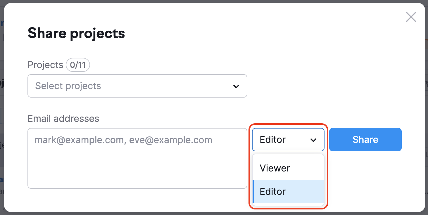 An example on what the Share projects menu looks like. A small pop-up window allows selecting multiple Projects to share them all at once, as well as setting up the list of all users who will have access, and determining what access level they are going to have (highlighted with a red rectangle).