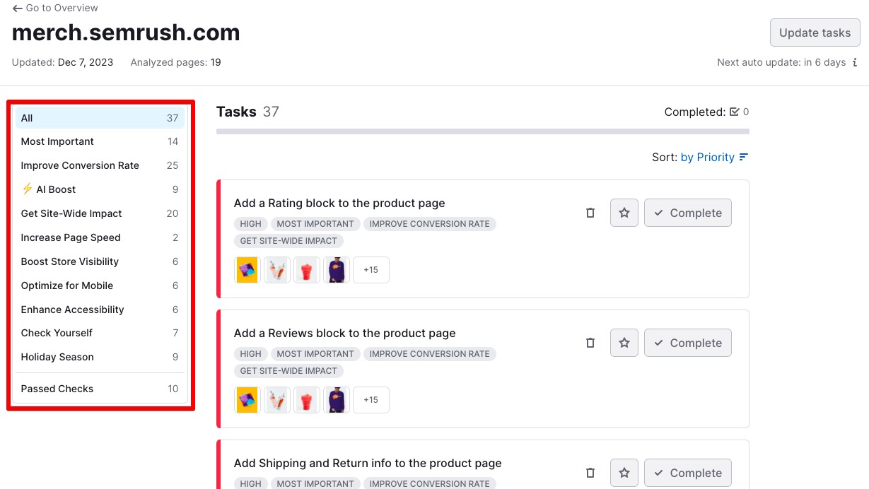 Filters and goals on the 'All tasks' page can help with navigation and workflows.