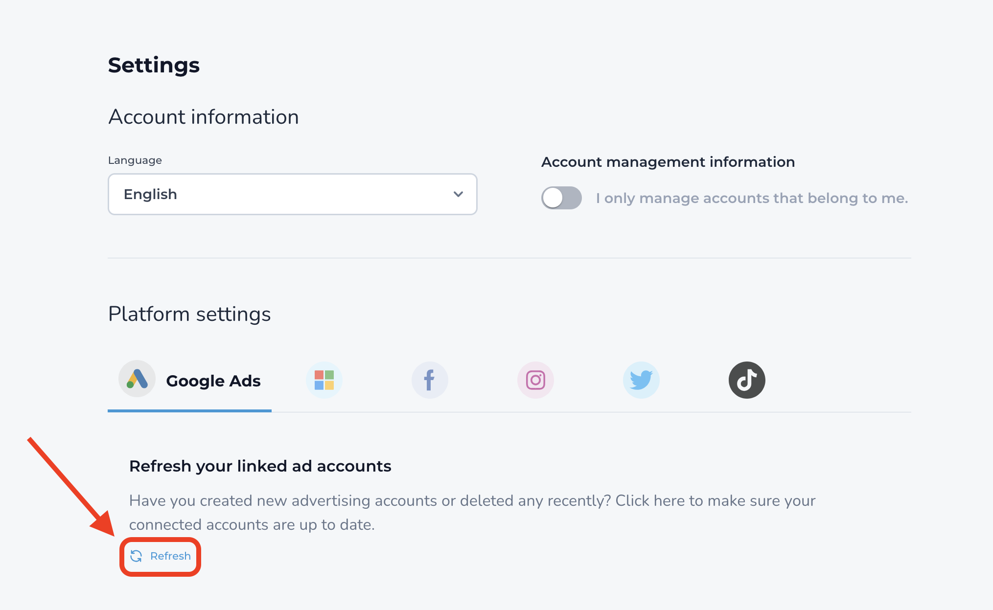 Where the Refresh option for ad accounts is located.