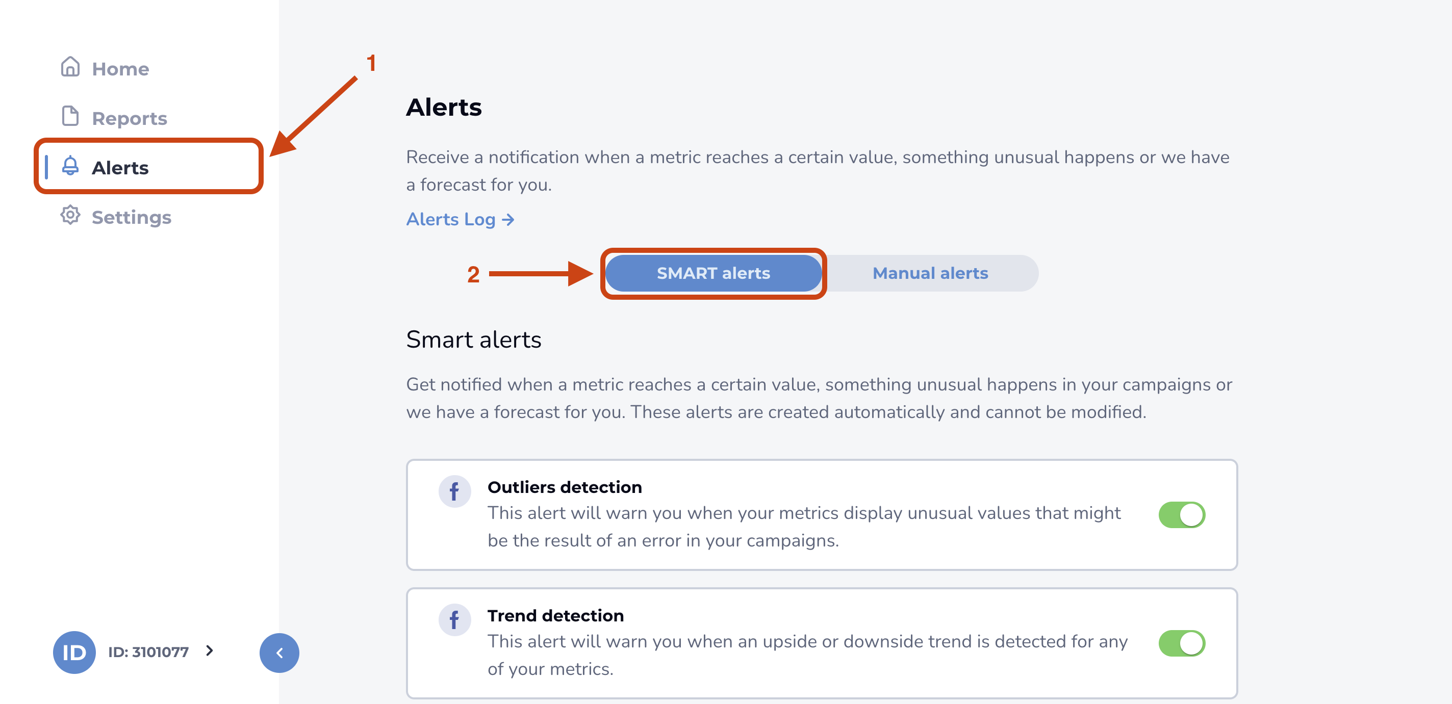 Choosing the Smart alert option in the Alerts tab.