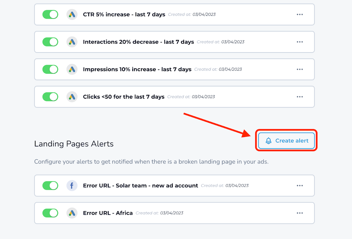 Where the Create alert button for the landing pages can be found.