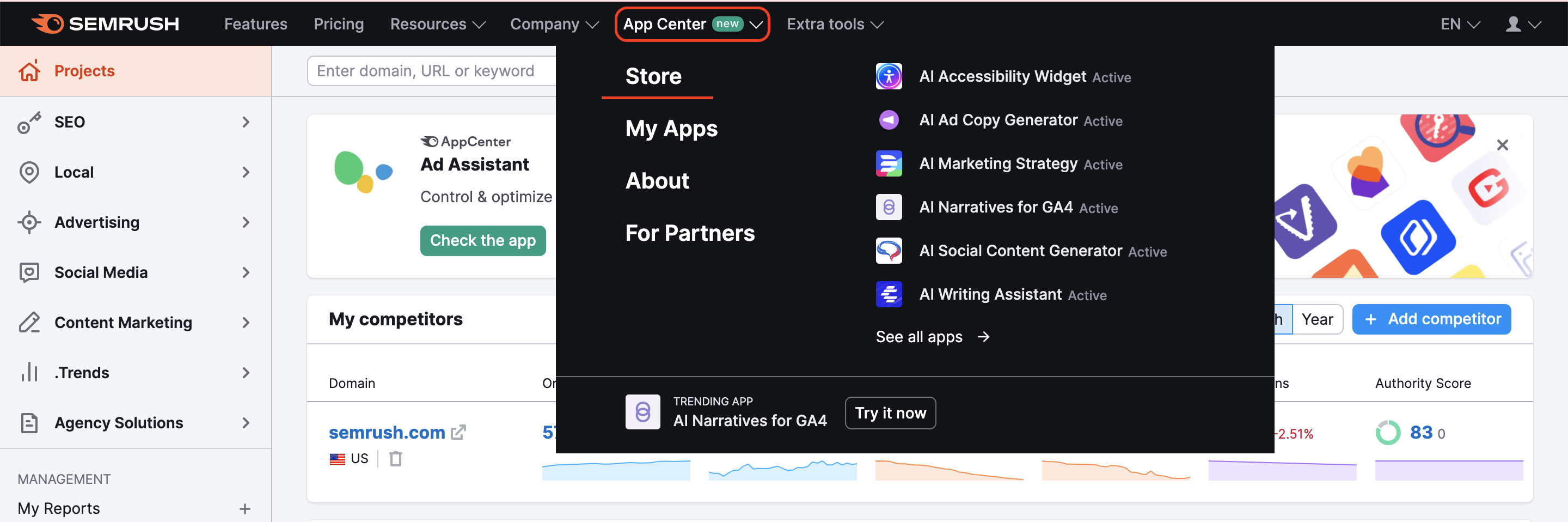  Semrush Projects Dashboard with the App Center drop-down menu. The App Center button in menu at the top of the page is highlighted with a red rectangle, and the Store button in the drop-down is underlined. 