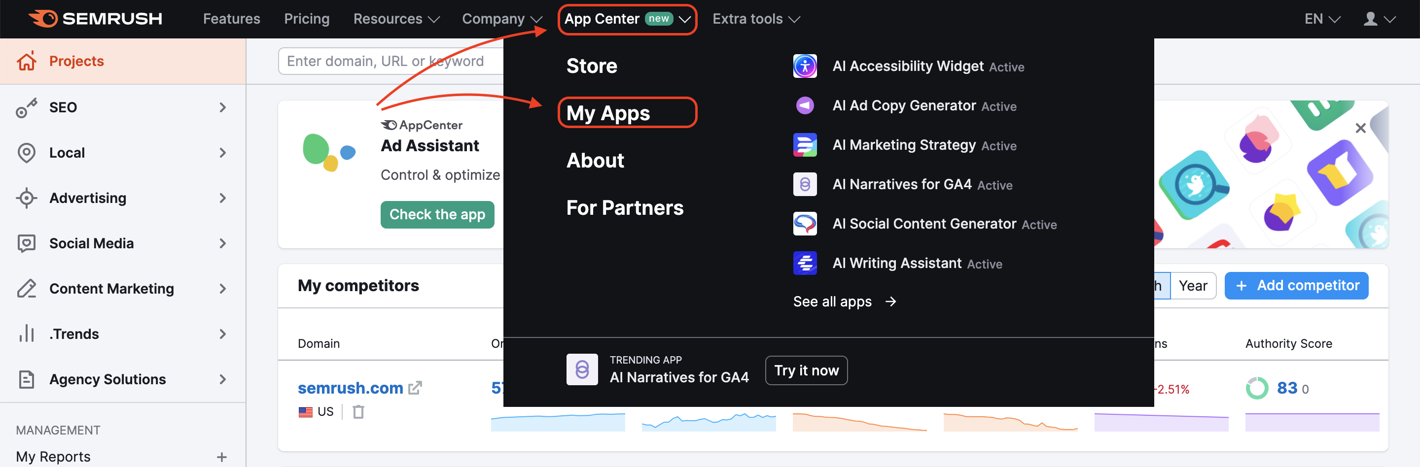  Semrush Projects Dashboard with the App Center drop-down menu. The App Center button in menu at the top of the page and the My Apps button in the drop-down are highlighted with a red rectangle.