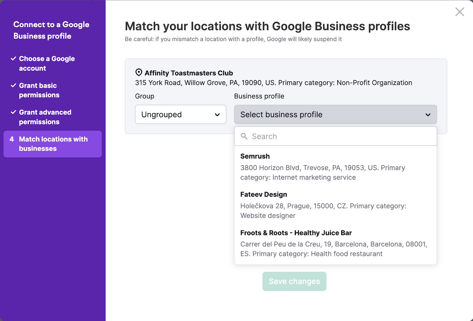 The settings pop-up screen shows the matching business profile.