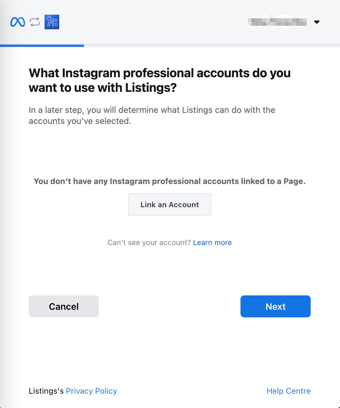 A pop-up showing the option to link an Instagram professional account. 