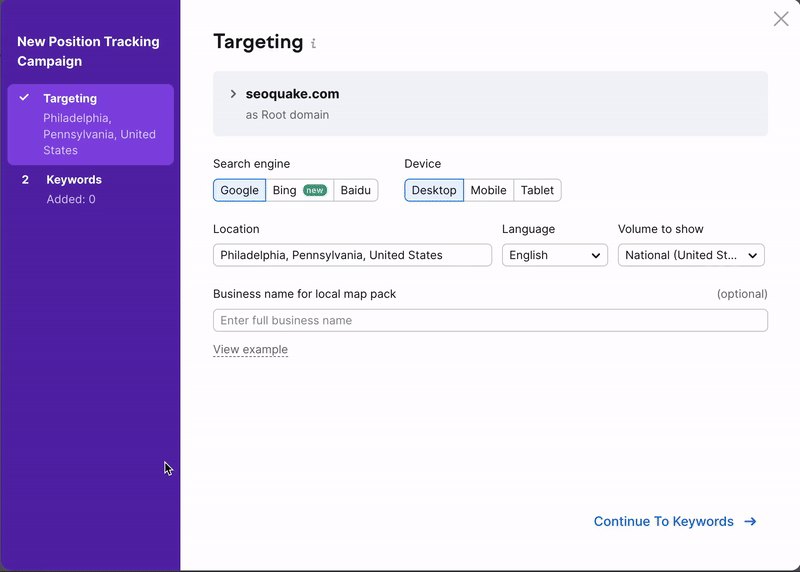 Position Tracking configuration window – Targeting. An example how to add your Business name – if you click the View example button, a pop-up with the local pack will appear. 