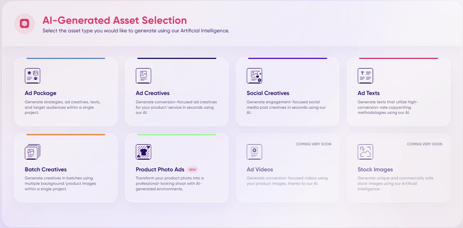 AI-Generated Asset Selection in the AdCreative.ai app.