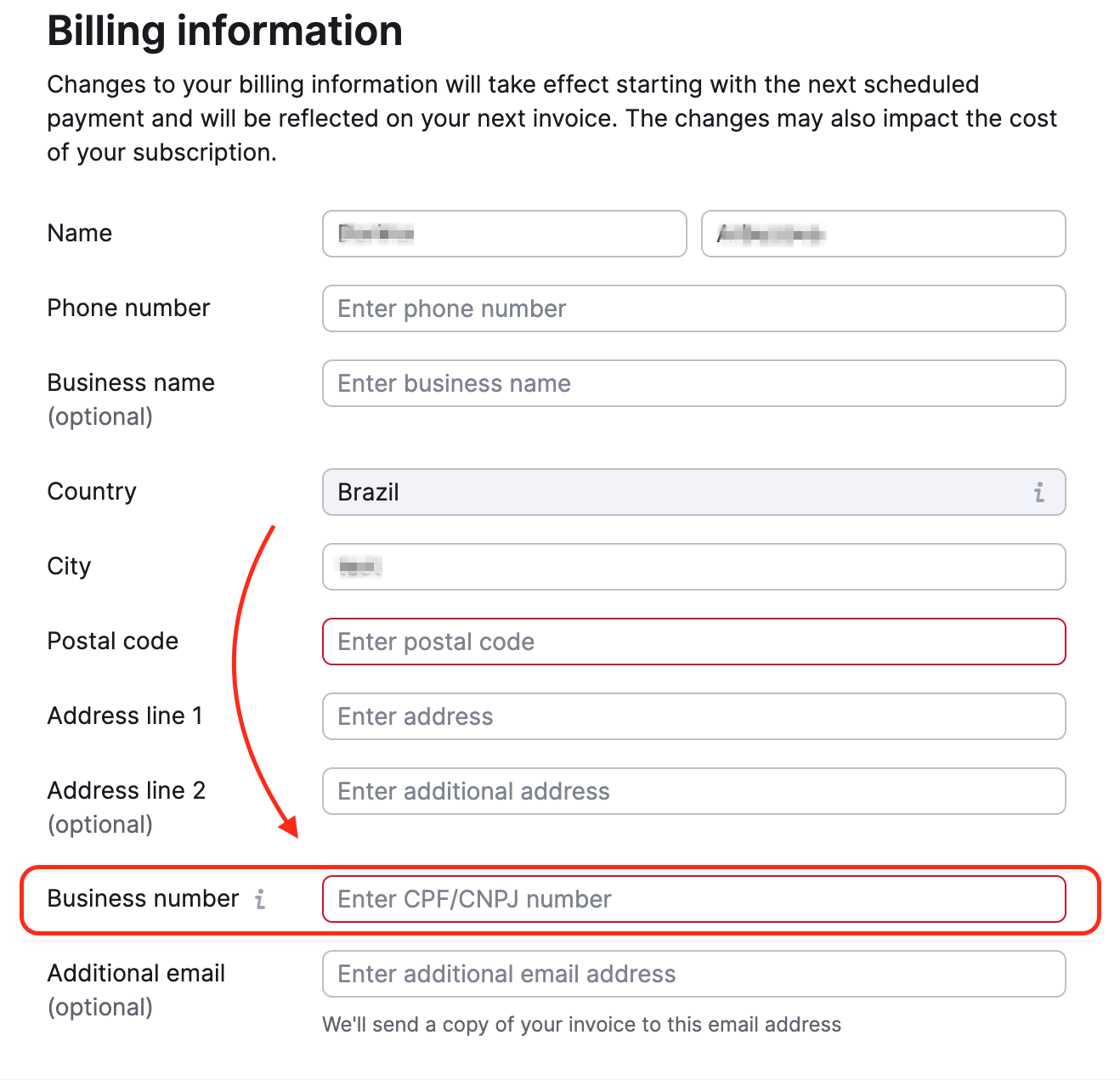 An example of what the Billing information pop-up window looks like, with Business number field highlighted with red.