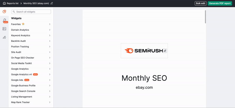 My Reports: click the pencil icon net to the original Semrush logo and select a new one. 