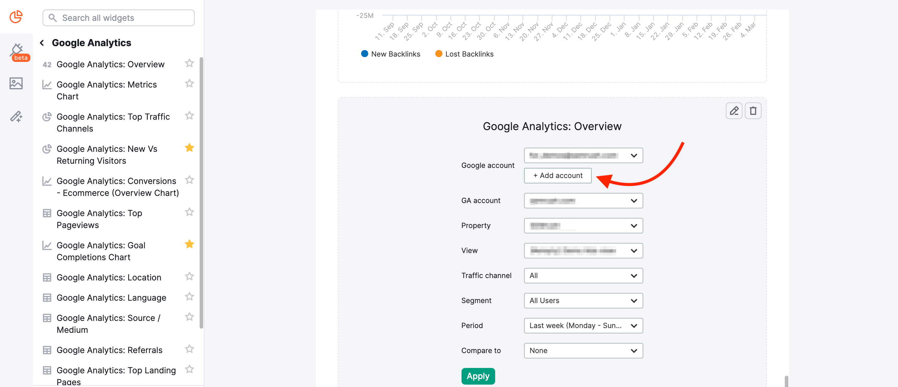 A red arrow highlighting the add account button in the Google Analytics widget in My Reports.  