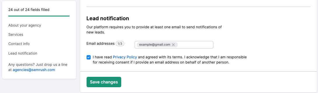 Example of the Lead Notification section with the field for email. A box confirming that a Privacy Policy has been read and agreed with is ticked.