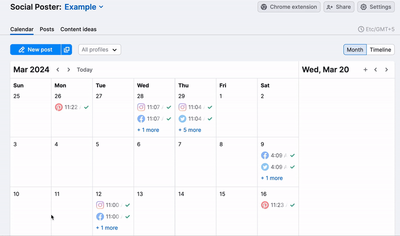 You can switch your calendar view between month and timeline (weekly)