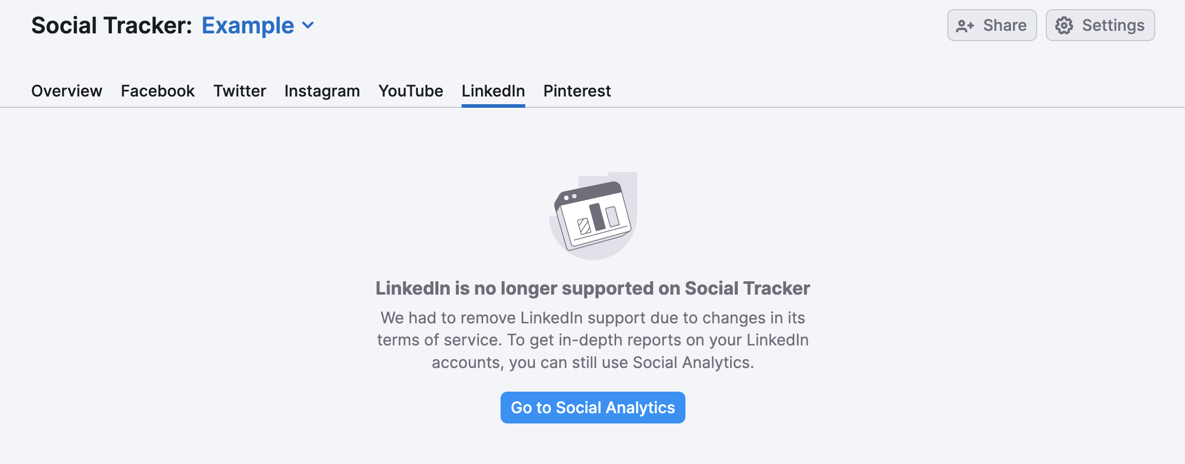 A notification in the LinkedIn report in Social tracker that the connection with this social media is no longer accessible .