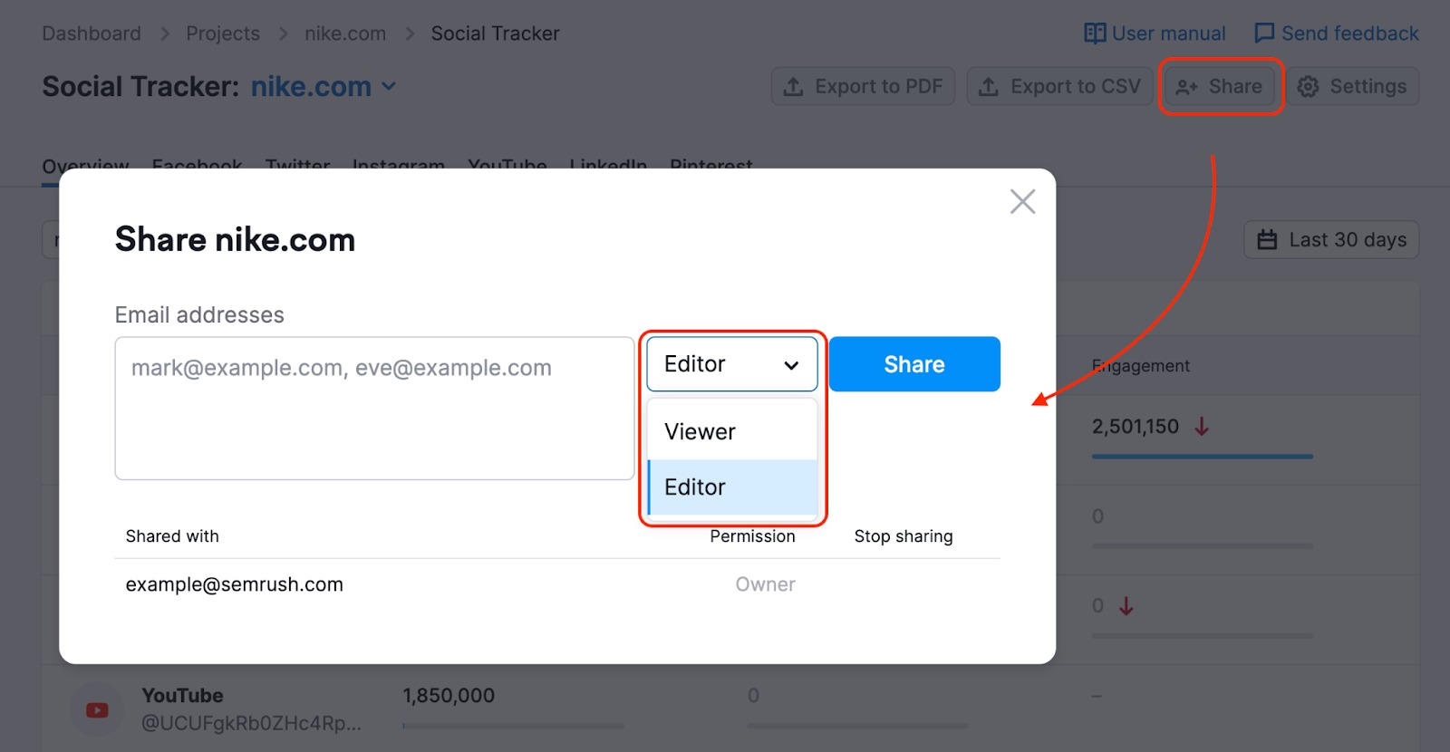 How to share a project from Social Tracker. A red rectangle is highlighting the Share button in the top-right corner, after clicking the button a pop-up window with sharing options appears. 