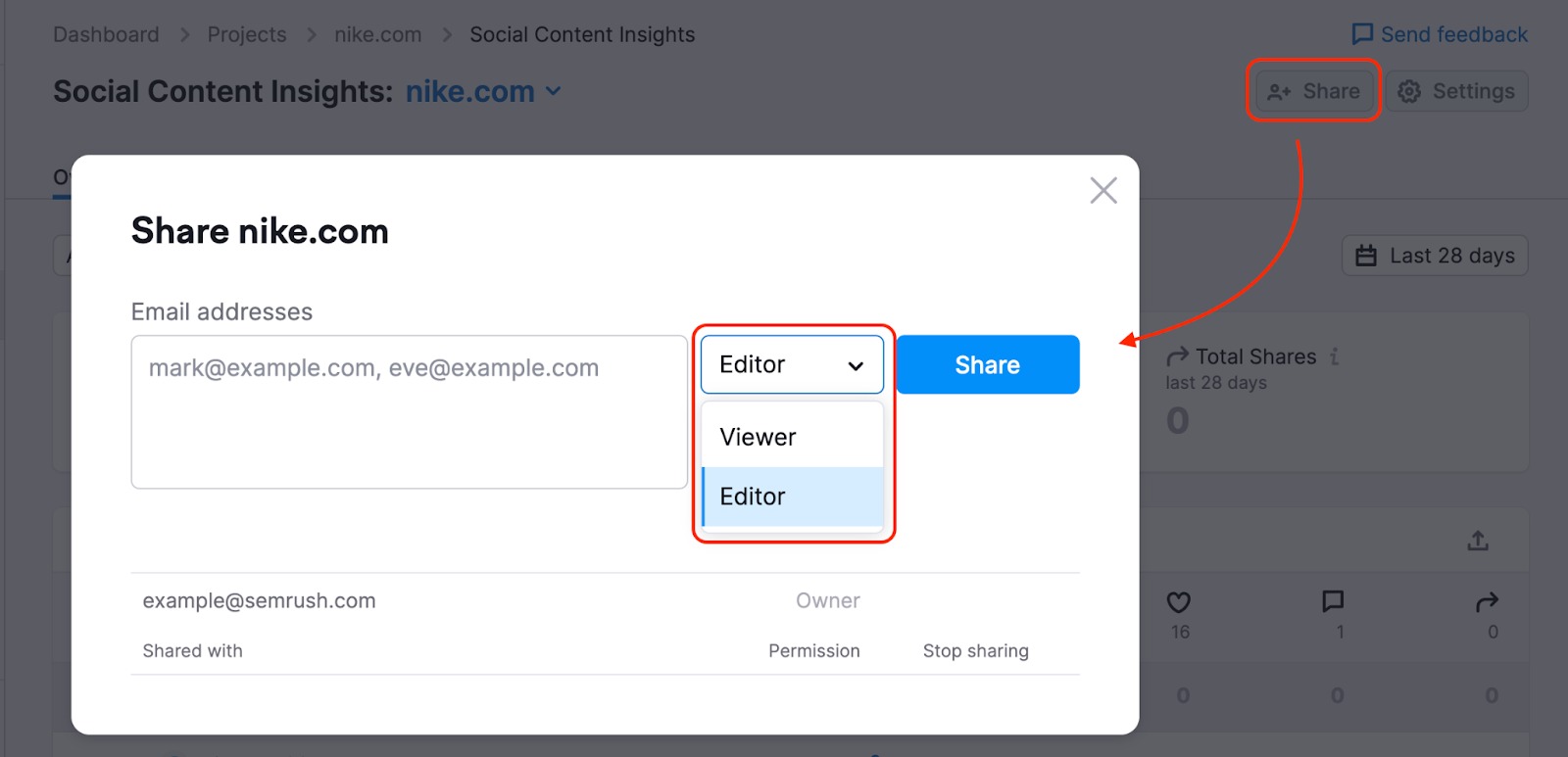 Pop up screen when sharing a project from Social Content Insights that opens after clicking the Share button. The drop down menu shows viewer and editor options. 