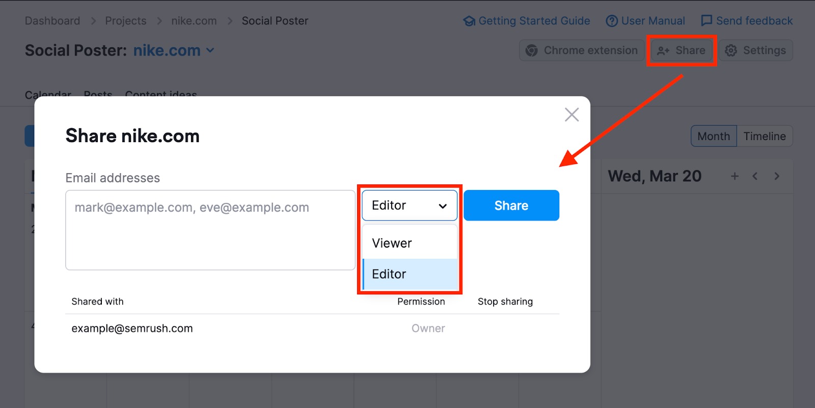 Pop up screen when sharing a project from Social Poster that opens after clicking the Share button. The drop down menu shows viewer and editor options. 