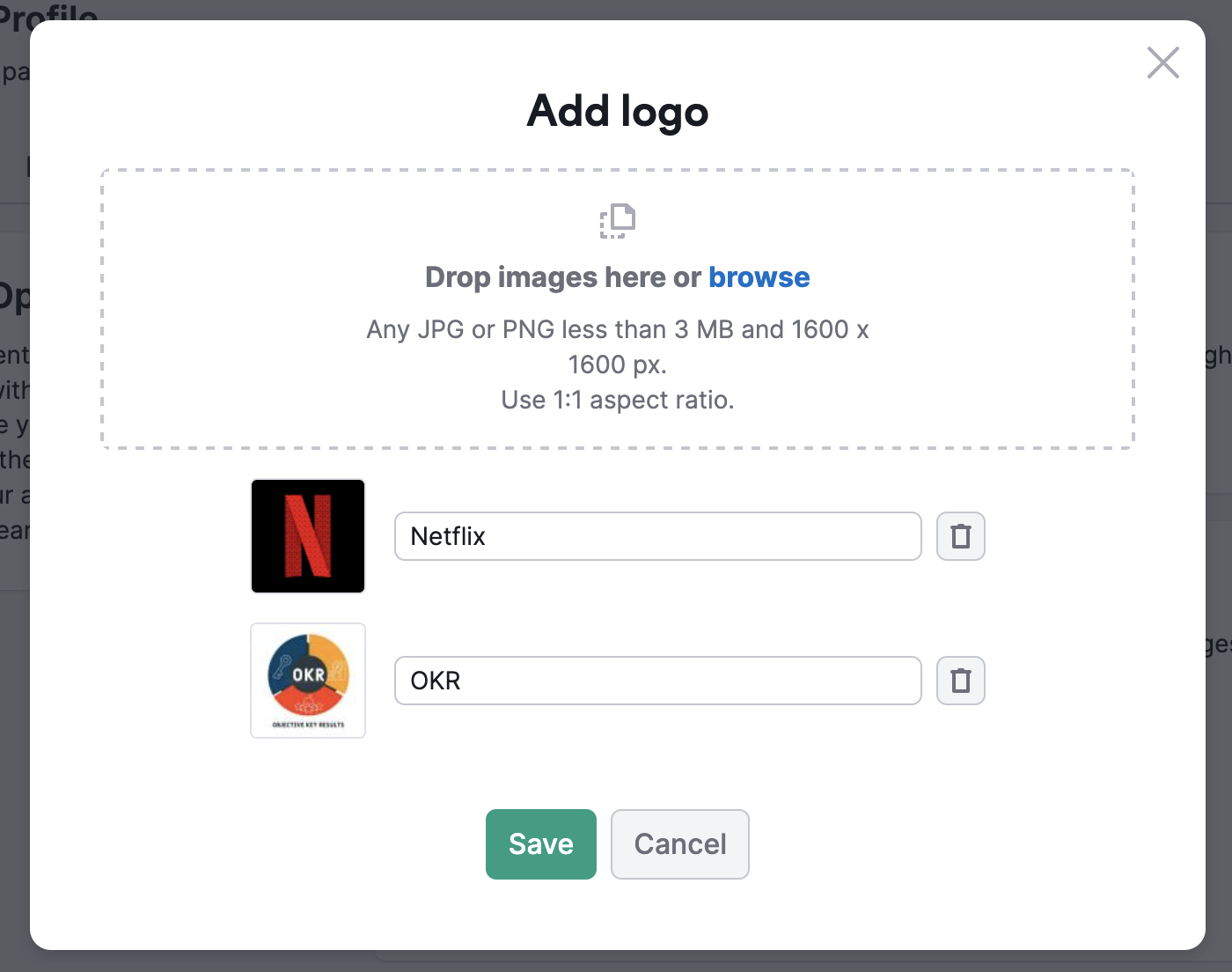 A pop-up window for adding a logo. It contains a field where you can drop an image or upload one from a device. The technical limitation explains: Any JPG or PNG less than 3MB and 1600 x 1600 px. Below the image field, there is an option to add and edit descriptions for already uploaded logos.