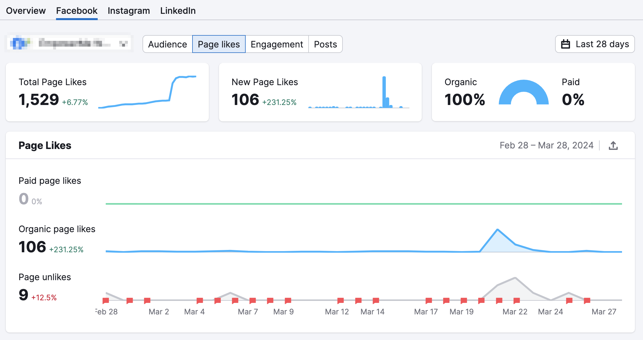 An example of the Pages Likes Tab in the Facebook report in Social Analytics.