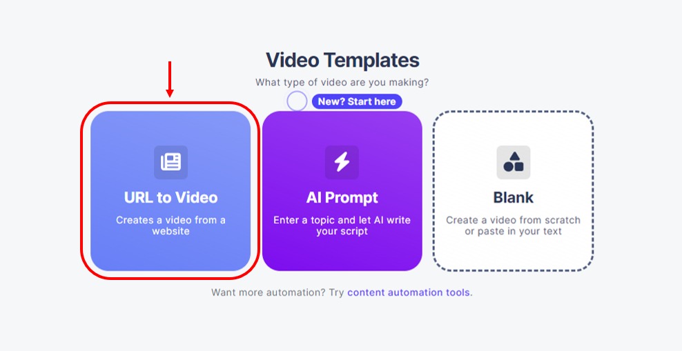Selecting the URL to Video template option in AI Video Marketing Automator.